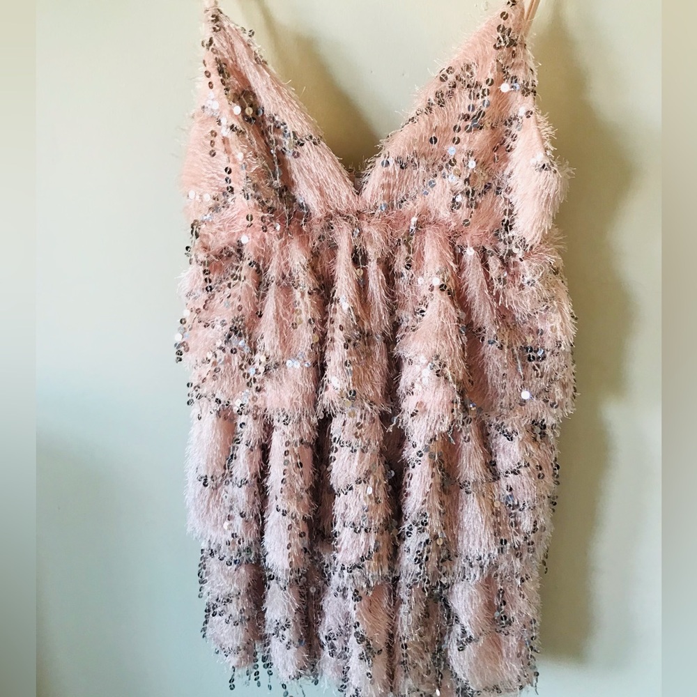 ASOS Design Feather Sequined Lover Girl Pink Spaghetti Dress Size 4